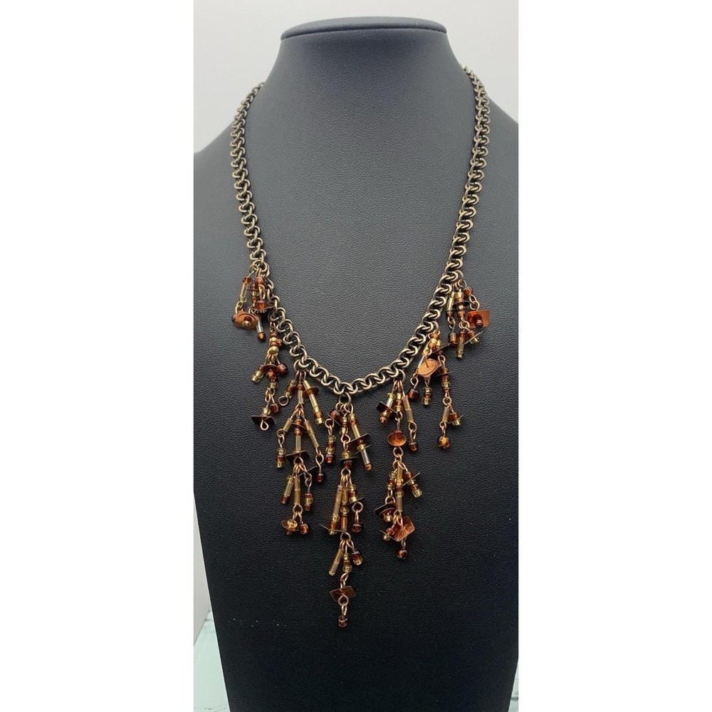Chicos Bronze Tone Amber & Copper Colored Fringe Beaded & Sequined Necklace